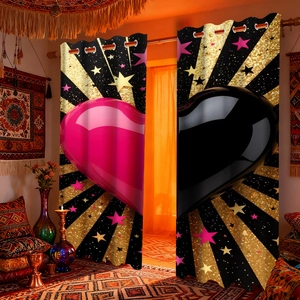 Detail of velvet blackout curtain with heart design and gold glitter rays on metal rings