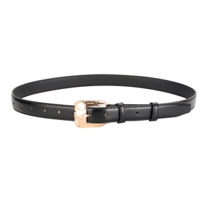Women's black PU leather thin belt with textured rose gold alloy buckle for jeans