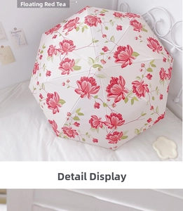 Floral print sun and rain folding umbrella with red camellia patterns on white fabric