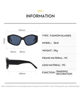 Size chart for irregular sunglasses with frame width 147mm and PC material details