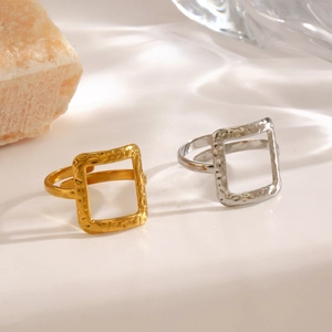 Hollow Square Hammered Ring Stainless Steel Adjustable Open Geometric Minimalist Jewelry For Women