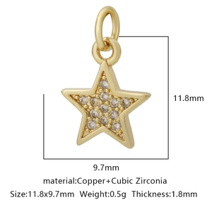 Macro detail of gold star pendant with cubic zirconia inlay and product dimensions