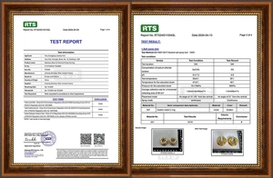 Quality test report showing 24h salt spray and REACH compliance for gold C-hoop earrings