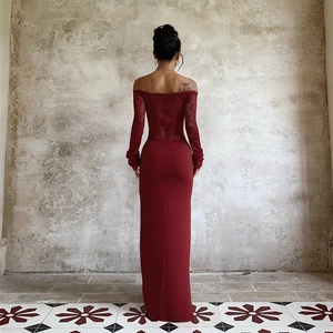 Back view of long wine red lace mermaid dress with elegant floor-length hemline