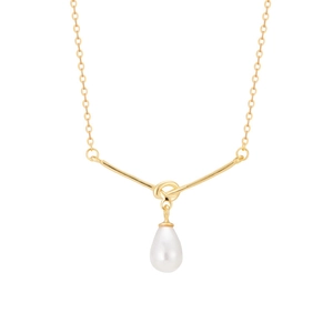Elegant gold knot titanium necklace with drop pearl pendant on fine cross chain