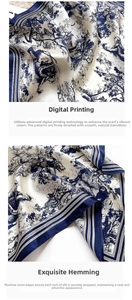 Macro detail of blue and white Toile de Jouy silk scarf with digital print and rolled edges