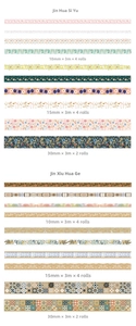 Detailed specs of floral washi tape set including 10mm, 15mm and 30mm width rolls