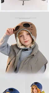 Detail of children's winter aviator hat with plush lining and decorative goggles