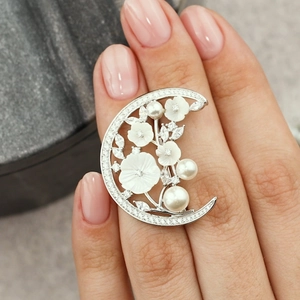 Elegant S925 silver crescent moon brooch with shell flowers, pearls, and zircons