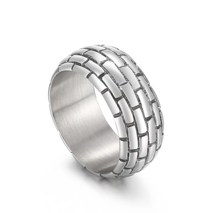 Men's vintage punk silver square ring with brick texture in stainless steel finish