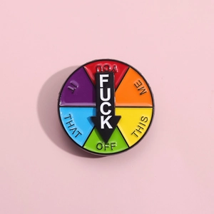 Rotating colorful spinning rainbow enamel pin with funny arrow social message wheel