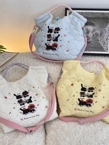 Kawaii Cat Embroidered Quilted Heart Tote Bag Large Capacity Light Up Shoulder Crossbody Handbag For Women Sweet Casual