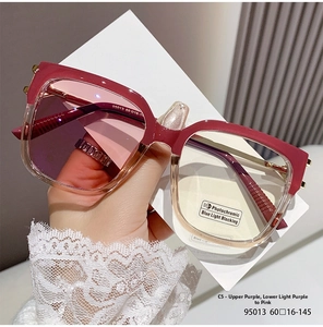 Detail of gradient purple cat-eye frames with photochromic and blue light blocking lenses