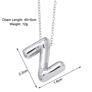 Detailed view of silver balloon letter Z pendant necklace with 45cm chain and 5cm extension