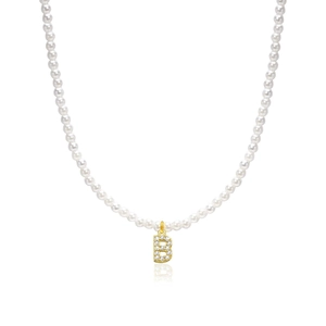 Elegant pearl necklace with a gold letter B pendant featuring sparkling cubic zirconia stones