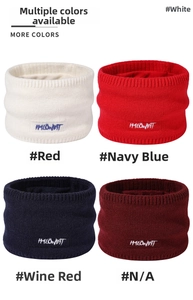 Detail view of knitted neck warmers in white, red, navy blue, and wine red colors