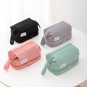 Double-layer large travel cosmetic bags with handles in black, grey, pink, and green