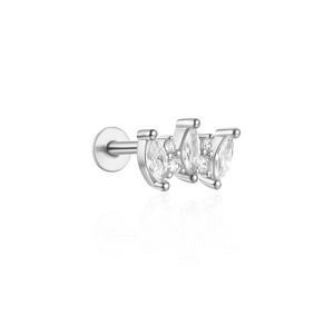 Close-up of 925 sterling silver ear bone stud with marquise cut sparkling diamonds