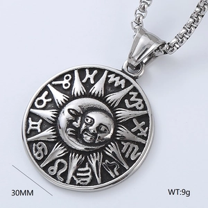 Macro shot of 30mm celestial pendant with sun moon design and zodiac symbols