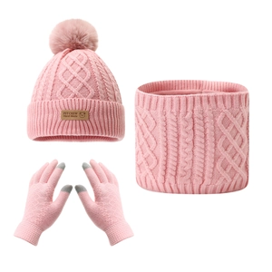 3-piece pink winter knit set for kids including a pompom hat, scarf, and gloves