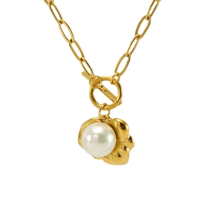 Elegant gold-tone paperclip link necklace with irregular pearl pendant and toggle clasp