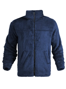 Detailed view of dark blue fleece jacket showing thick texture and zipper pocket