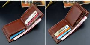 Men's leather wallet detail showing interior card slots and compartments, premium retro soft texture.