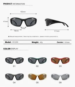 Detailed size specifications and color guide for Y2K steampunk wraparound sunglasses