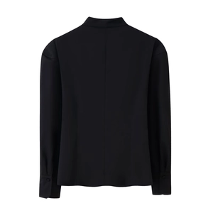 Back view of a black long-sleeved jacket with a stand collar and detailed back stitching
