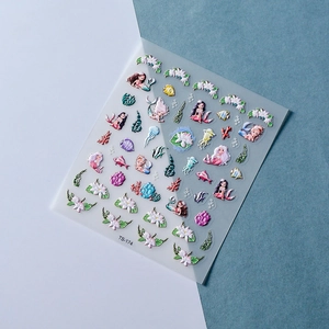 Detailed view of TS-174 5D embossed nail stickers with mermaid and ocean coral patterns