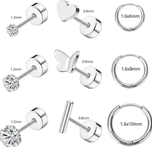Size guide for stainless steel stud and hoop earring set with bar thickness details