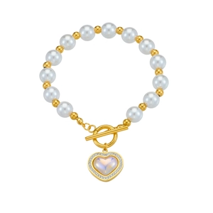 Elegantes Perlenarmband mit Goldperlen, Kristall-Herzanhänger und praktischem OT-Verschluss