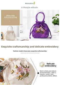 Macro detail of silk embroidered ethnic handbags showing floral patterns and textures