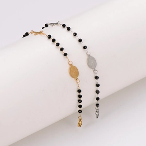 Retro stainless steel beaded bracelets with Madonna medal and cross in gold and silver finish