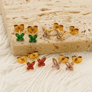 Elegant gold-plated stainless steel butterfly stud earrings with colorful zircon stones