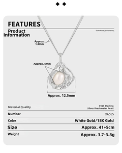 Macro shot showing the 925 sterling silver chain and pearl pendant technical specifications