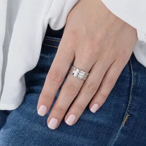 Customized silver birthstone ring set with personalized name engraving for women