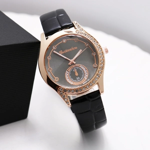 Elegant rose gold rhinestone watch for women with black leather strap and small second dial