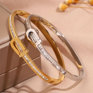 Polished LOVE engraved stainless steel cuff bracelet set with row of zircon stones