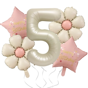 Cream number 5 foil balloon set with daisy flowers and pink stars for birthday party