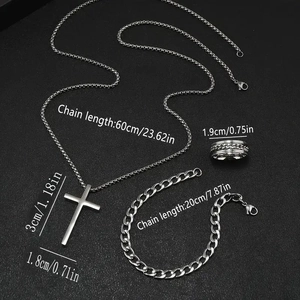 Detail view of silver men's jewelry set with dimensions for cross necklace, bracelet, and ring