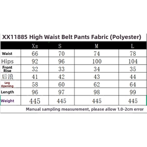 Size chart showing waist and hip measurements for high-waisted belted straight trousers