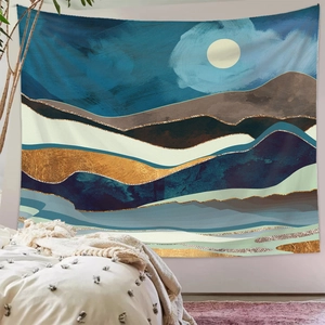 Close-up detail of modern abstract mountain and moon tapestry with vibrant multi-color printing