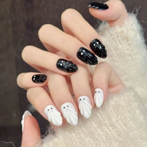 Halloween 3D ghost embossed press-on nails with minimalist black and white design