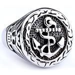 Vintage stainless steel anchor signet ring with nautical rope border in antique silver
