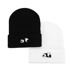 Pair of cute embroidered panda knitted beanies in black and white winter colors