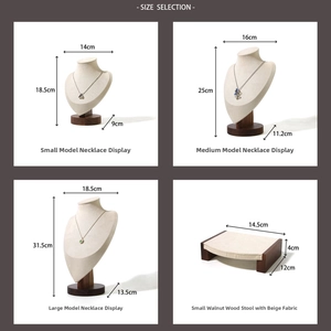 Detailed size guide for walnut and beige velvet necklace display stands and bust models
