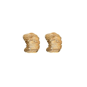 Golden C-shaped earrings with metallic crumpled texture and geometric retro design