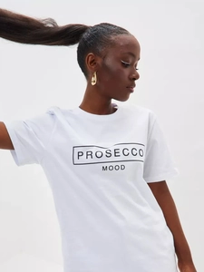 Detail of white cotton T-shirt featuring black letter print and soft knitted texture