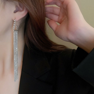 Detail of silver tassel chain earrings with sparkling zircons shown on a model